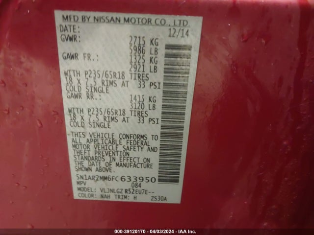 Nissan Pathfinder Sl 2015 5N1AR2MM6FC633950 Image 9