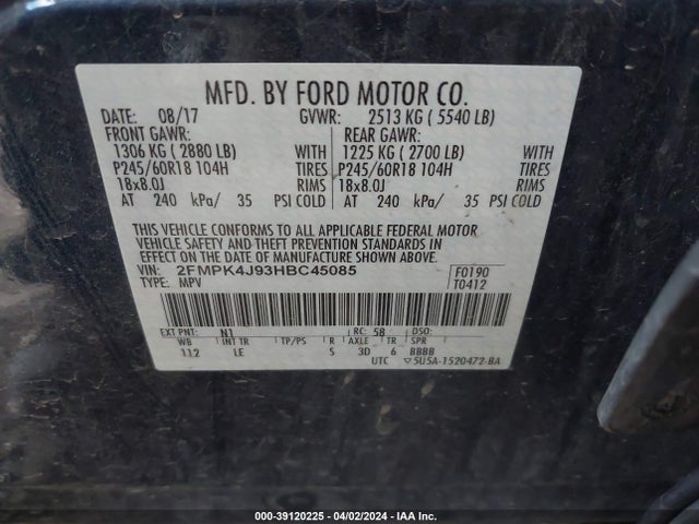 Ford EDGE SEL 2017 2FMPK4J93HBC45085 Image 9