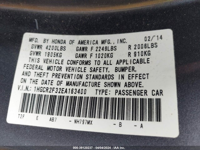 Honda ACCORD LX 2014 1HGCR2F32EA163400 Image 9