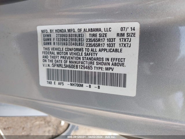 Honda Odyssey Ex-l 2014 5FNRL5H60EB129465 Image 9