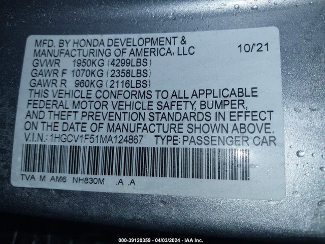 Honda Accord Ex-l 2021 1HGCV1F51MA124867 Image 9
