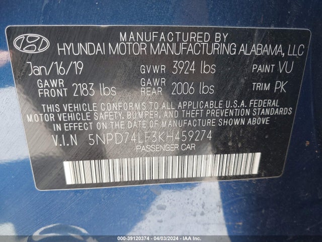 Hyundai ELANTRA SE 2019 5NPD74LF3KH459274 Image 9