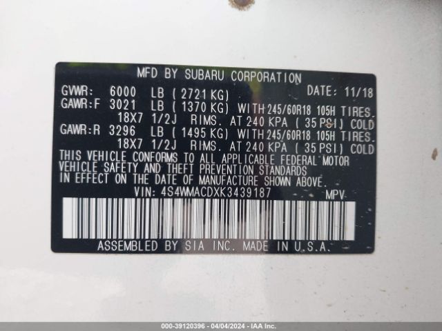 4S4WMACDXK3439187 Subaru Ascent Premium