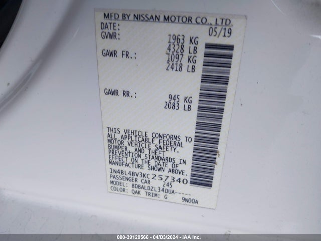 Nissan Altima 2.5 S 2019 1N4BL4BV3KC257340 Image 9