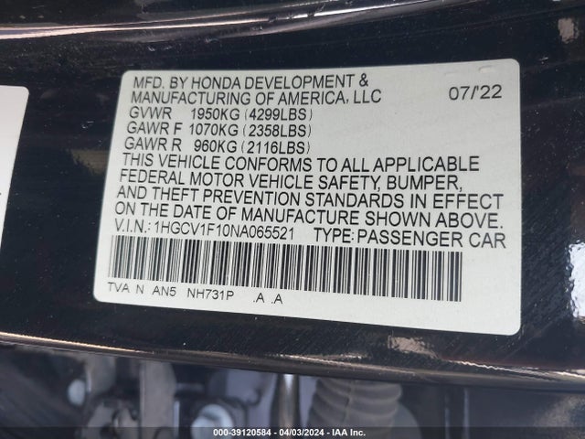 Honda ACCORD LX 2022 1HGCV1F10NA065521 Image 9