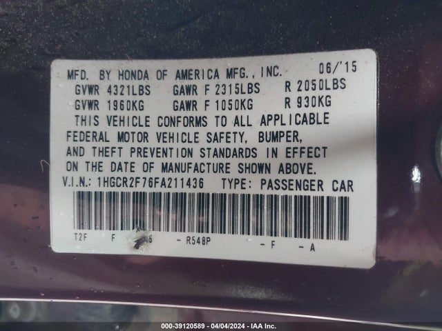 Honda ACCORD EX 2015 1HGCR2F76FA211436 Image 9