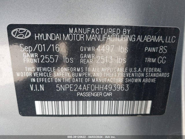Hyundai Sonata 2017 5NPE24AF0HH493963 Image 9