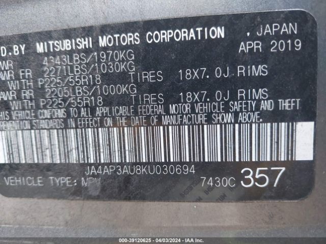 JA4AP3AU8KU030694 Mitsubishi Outlander Sport 2.0 Le