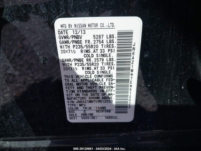 Nissan Murano Le 2014 JN8AZ1MW7EW512023 Image 9