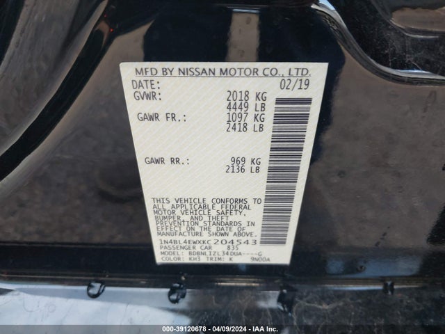 Nissan Altima 2.5 Sl 2019 1N4BL4EWXKC204543 Image 9