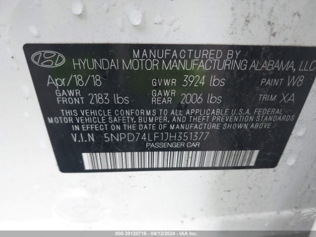 5NPD74LF1JH351377 Hyundai ELANTRA SE