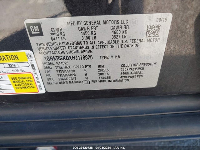 Chevrolet Traverse 1lt 2017 1GNKRGKDXHJ178826 Image 9