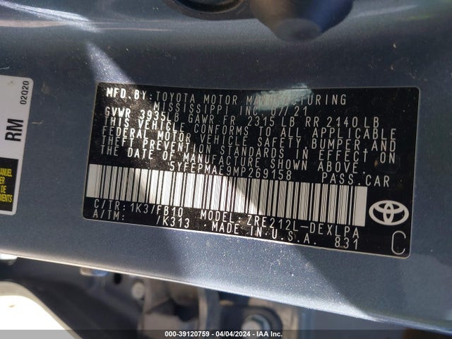 Toyota COROLLA LE 2021 5YFEPMAE9MP269158 Image 9
