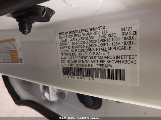 Honda Pilot Awd Ex-l 2021 5FNYF6H59MB074514 Image 9