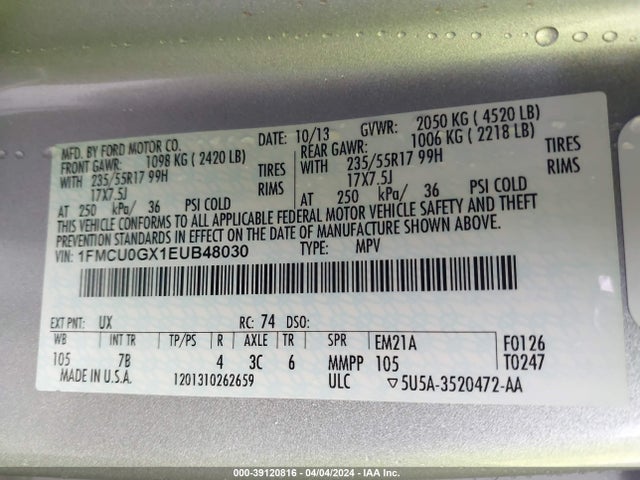 Ford ESCAPE SE 2014 1FMCU0GX1EUB48030 Image 9