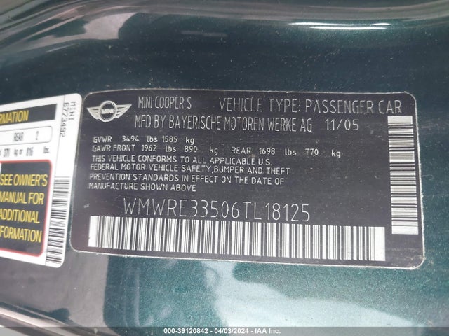 2006 MINI COOPER S WMWRE33506TL18125 Photo 8