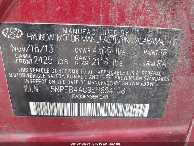 Hyundai SONATA GLS 2014 5NPEB4AC9EH854138 Image 9