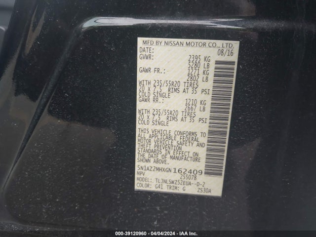 Nissan Murano Platinum 2016 5N1AZ2MHXGN162409 Image 9
