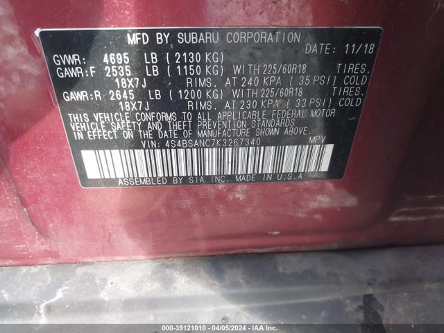 Subaru Outback 2.5i Limited 2019 4S4BSANC7K3267340 Image 9