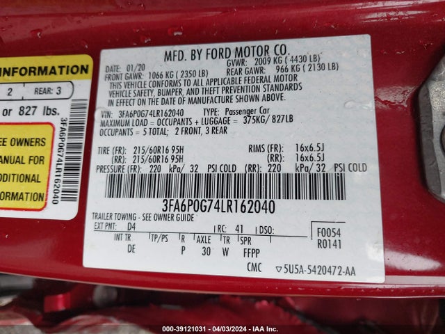 Ford FUSION S 2020 3FA6P0G74LR162040 Image 9