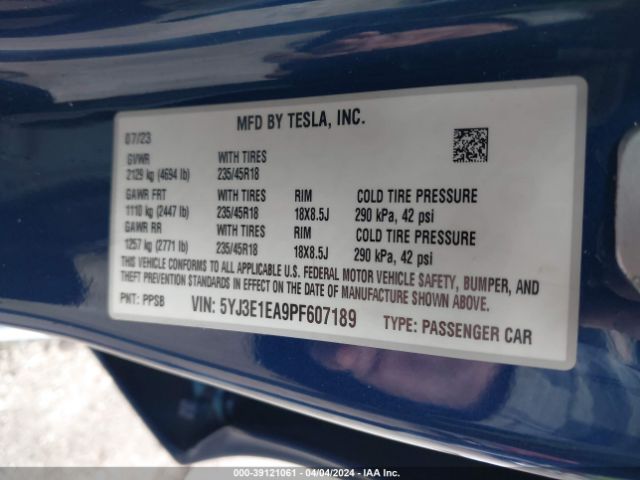 5YJ3E1EA9PF607189 Tesla Model 3 Rear-wheel Drive
