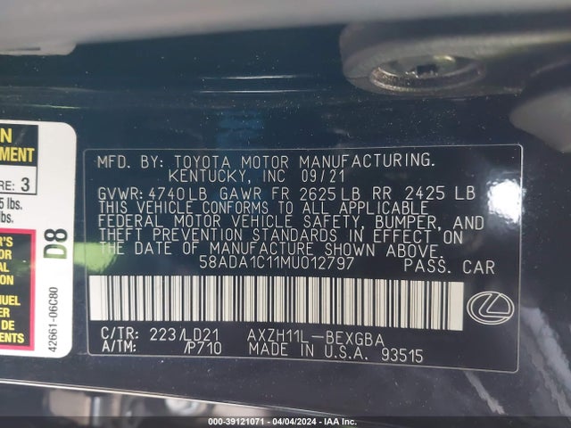 Lexus ES 300H 2021 58ADA1C11MU012797 Image 9