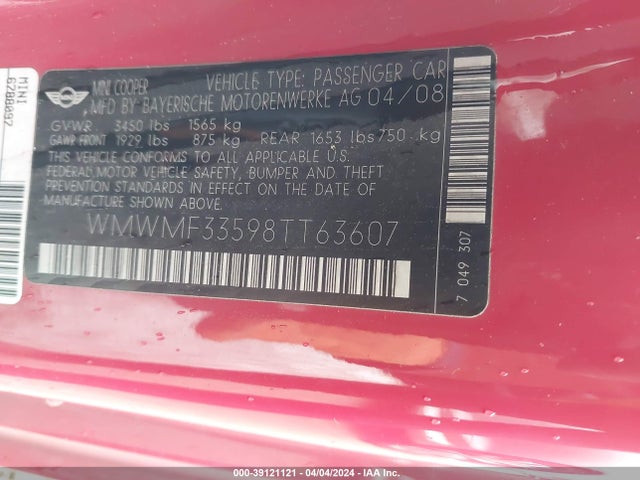 2008 MINI COOPER WMWMF33598TT63607 Photo 8