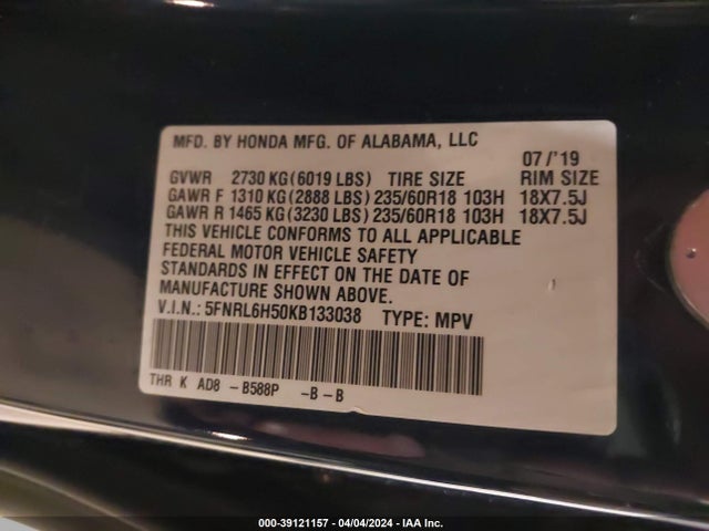 Honda ODYSSEY EX 2019 5FNRL6H50KB133038 Image 9