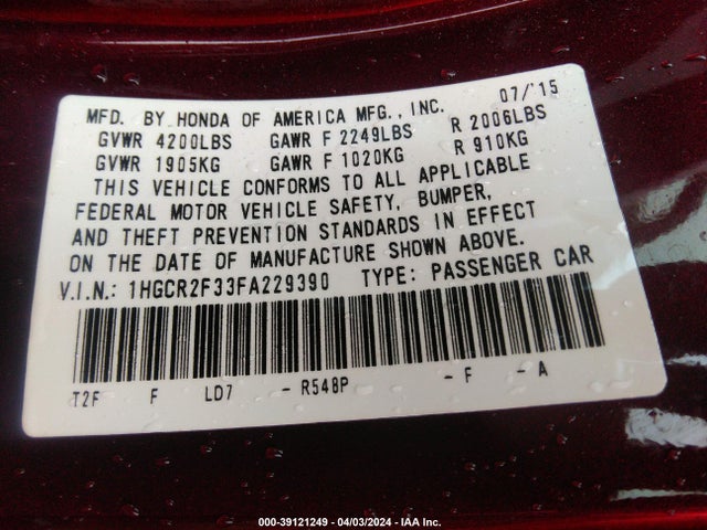 Honda ACCORD LX 2015 1HGCR2F33FA229390 Image 9