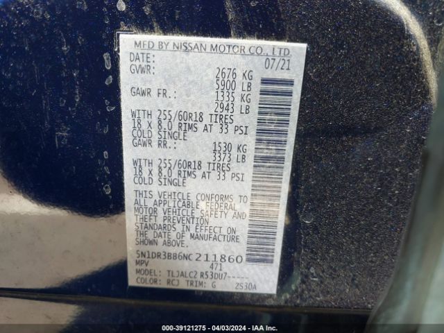 5N1DR3BB6NC211860 Nissan Pathfinder Sv 2wd