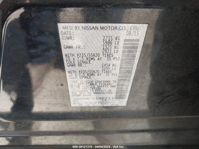 Nissan Pathfinder Platinum 2015 5N1AR2MN7FC696211 Image 9