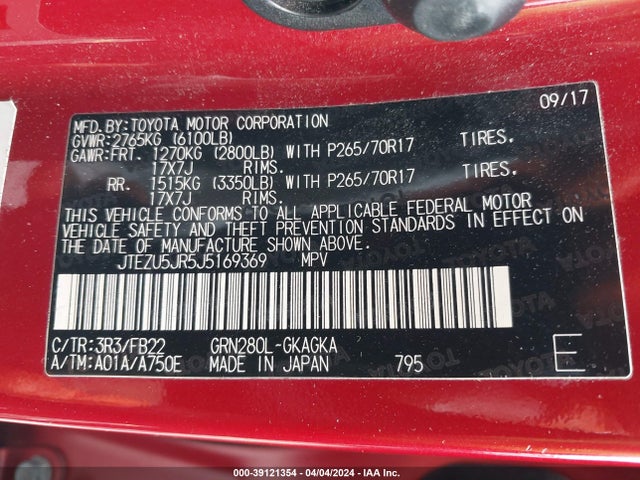 Toyota 4RUNNER SR5 2018 JTEZU5JR5J5169369 Image 9