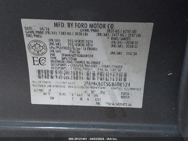 2FMHK6DT5GBA08524 Ford Flex Limited