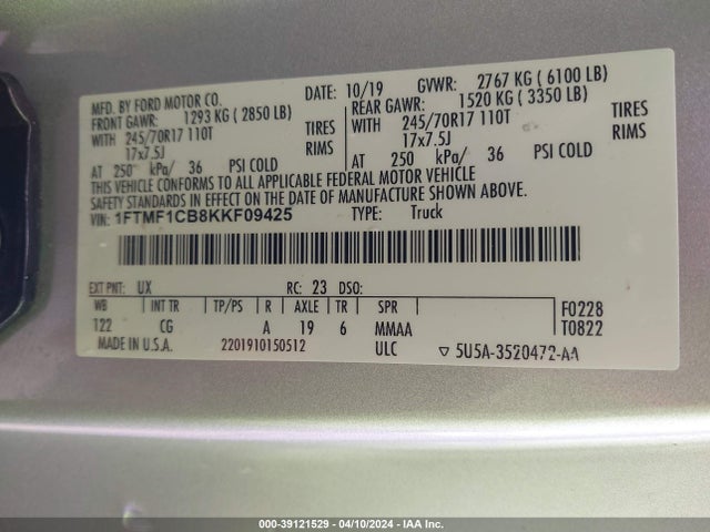 Ford F-150 Xl 2019 1FTMF1CB8KKF09425 Image 9
