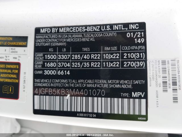 4JGFB5KB3MA401070 Mercedes-Benz Gle 450 4matic