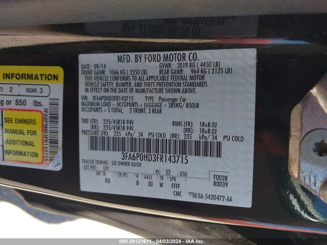 Ford FUSION SE 2015 3FA6P0HD3FR143715 Image 9