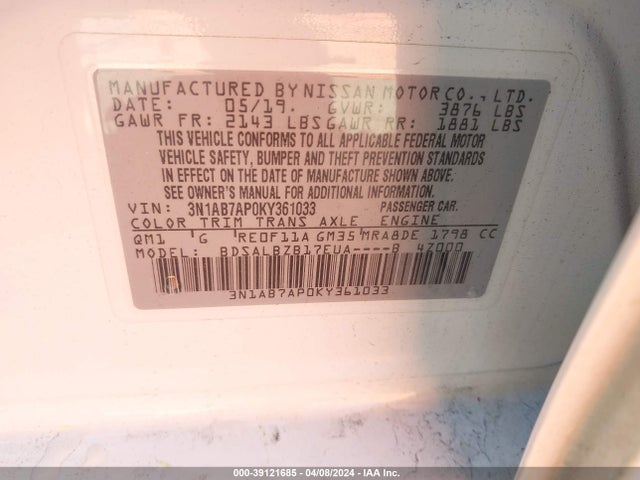 Nissan SENTRA S 2019 3N1AB7AP0KY361033 Image 9