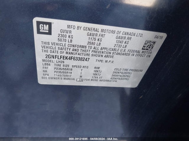 Chevrolet EQUINOX 1LT 2015 2GNFLFEK4F6338247 Image 9