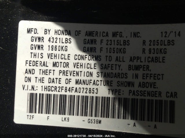 Honda Accord Ex-l 2015 1HGCR2F84FA072853 Image 9