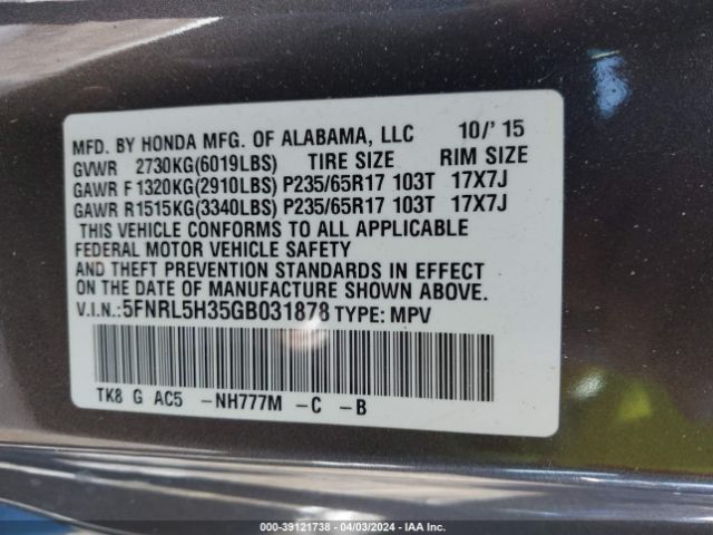 5FNRL5H35GB031878 Honda ODYSSEY SE