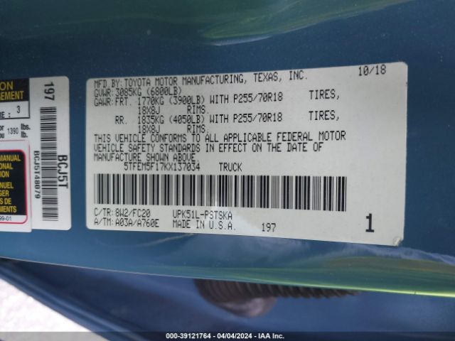 5TFEM5F17KX137034 Toyota Tundra Sr5 4.6l V8