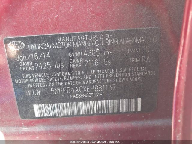 5NPEB4ACXEH881137 Hyundai SONATA GLS