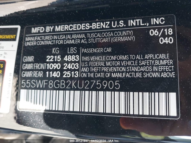 55SWF8GB2KU275905 Mercedes-Benz Amg C 63
