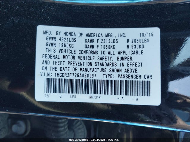 Honda ACCORD EX 2016 1HGCR2F72GA050097 Image 9