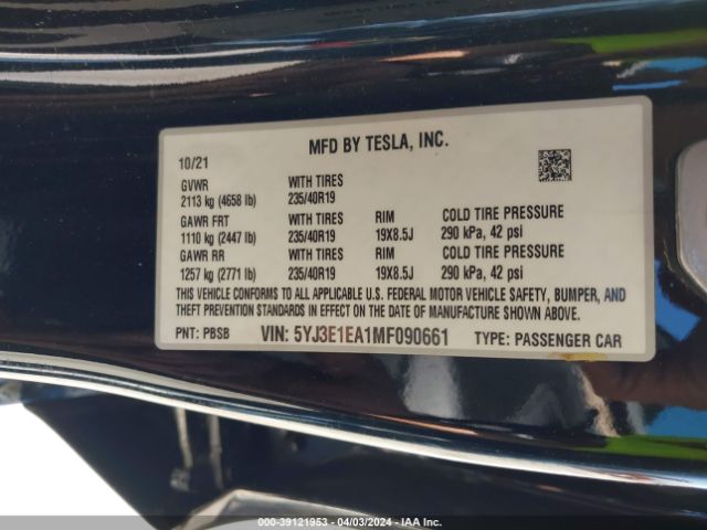 5YJ3E1EA1MF090661 Tesla Model 3 Standard Range Plus Rear-wheel Drive