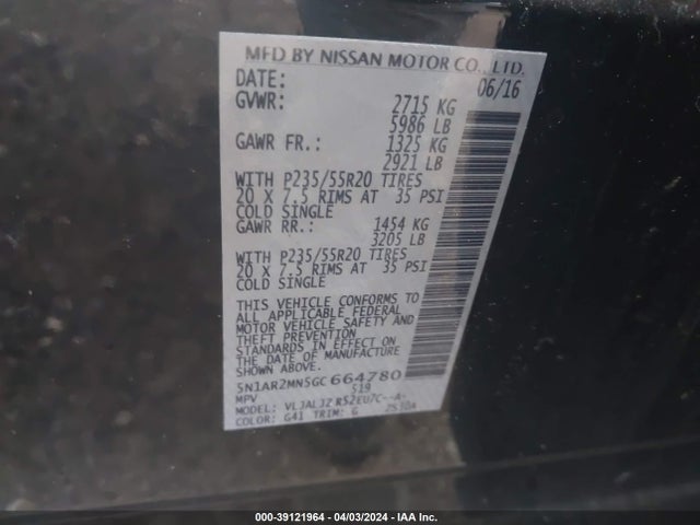 Nissan Pathfinder Platinum 2016 5N1AR2MN5GC664780 Image 9