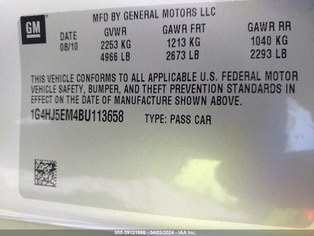 Aukcja sprzedaży 2011 Buick Lucerne Cxl Premium, vin: 1G4HJ5EM4BU113658, numer aukcji: 39121986