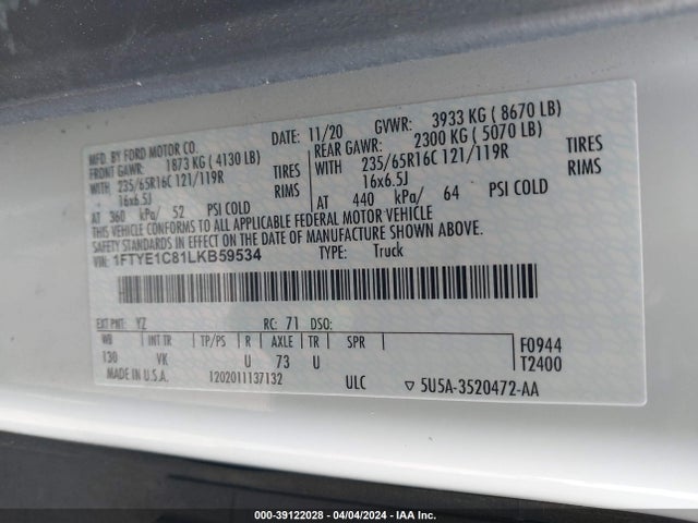 Ford Transit-150 2020 1FTYE1C81LKB59534 Image 9