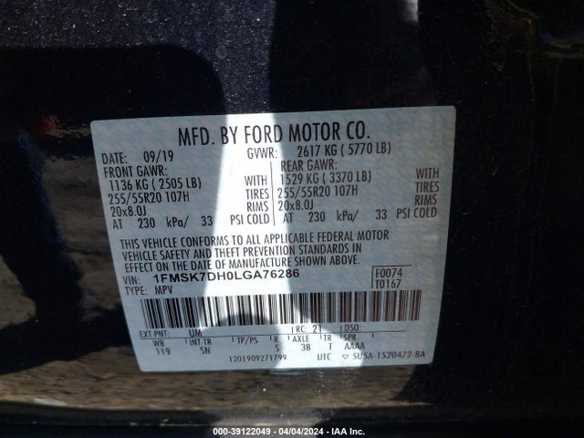 Ford EXPLORER XLT 2020 1FMSK7DH0LGA76286 Image 9
