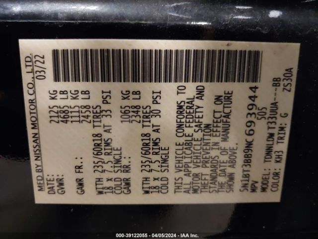 5N1BT3BB9NC693944 Nissan Rogue Sv Intelligent Awd
